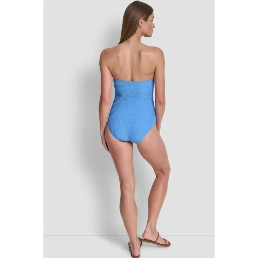 DKNY Women's Textured One-Piece Piece Strapless Swimsuit in Blue XLarge - Picture 2 of 7